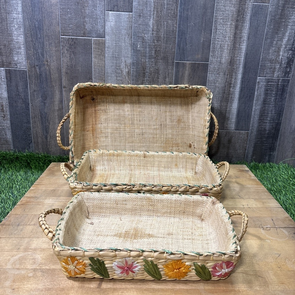 Vintage 60s 70s Raffia Floral Nesting Baskets Set 3 Boho Decor AS IS